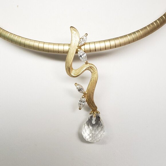 Gold Tone Necklace & Earrings Set with Cubic Zirconia & Clear Faceted Teardrop - Picture 5 of 11